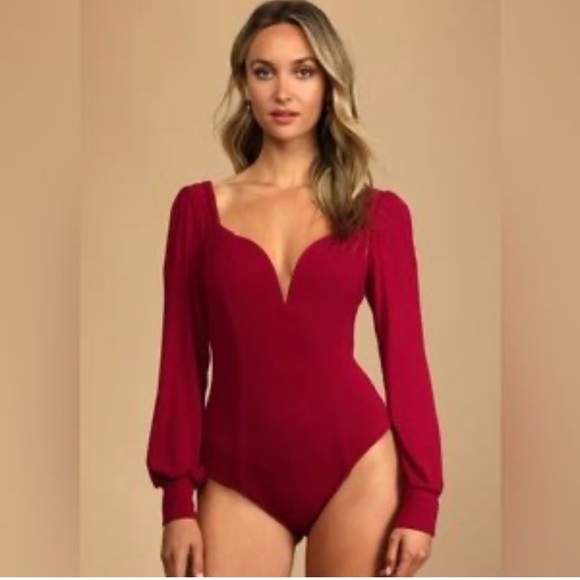 Forever 21 Sweetheart Neck Puffer Sheer Long Sleeve Red Bodysuit Valentine’s D S - Picture 2 of 9